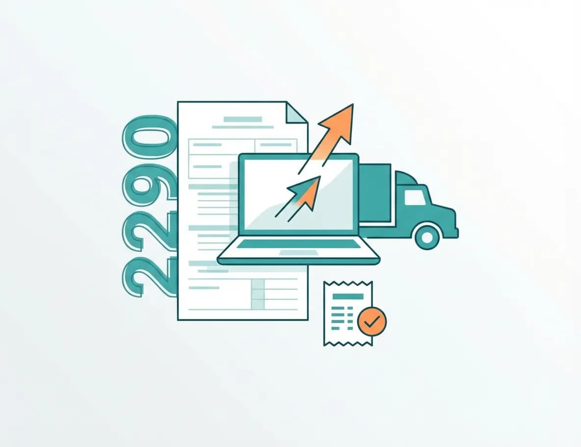2290 e-filing illustration: IRS form, laptop with arrow, truck, stamped Schedule 1 receipt