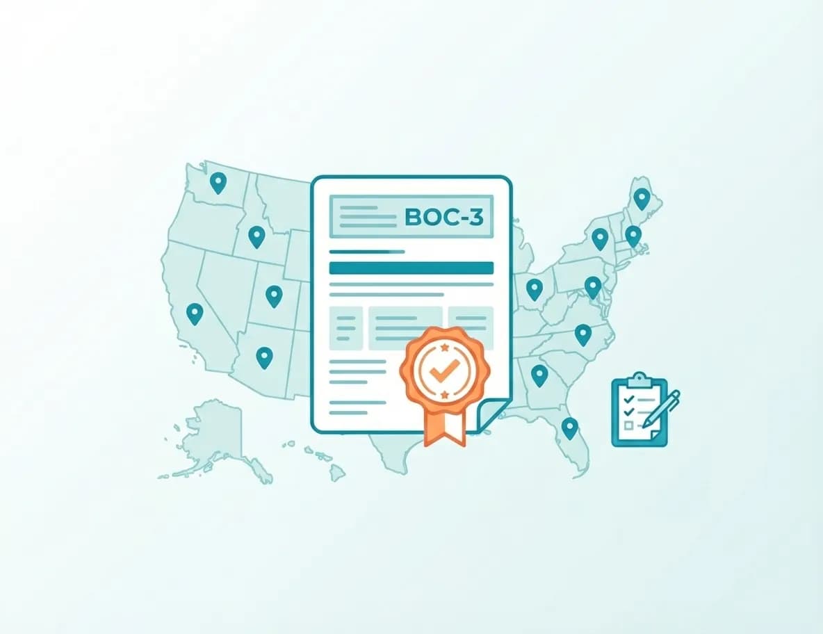 BOC‑3 process agent designation: US map with state pins and certified document