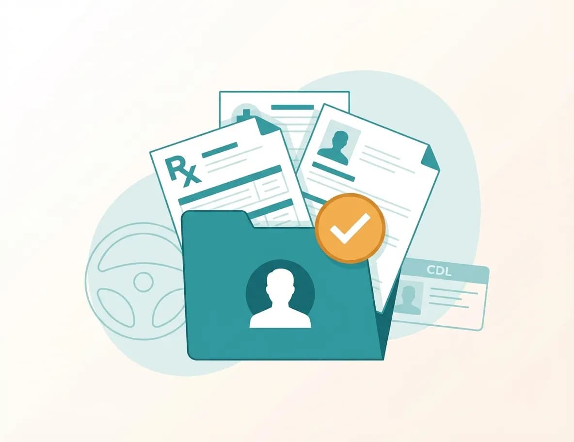 Driver qualification file illustration: folder with CDL, medical card, applications, MVR