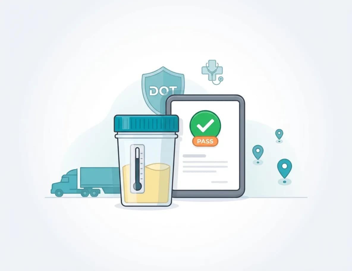 DOT drug test illustration: specimen cup, DOT shield, MRO‑reviewed pass result, collection sites