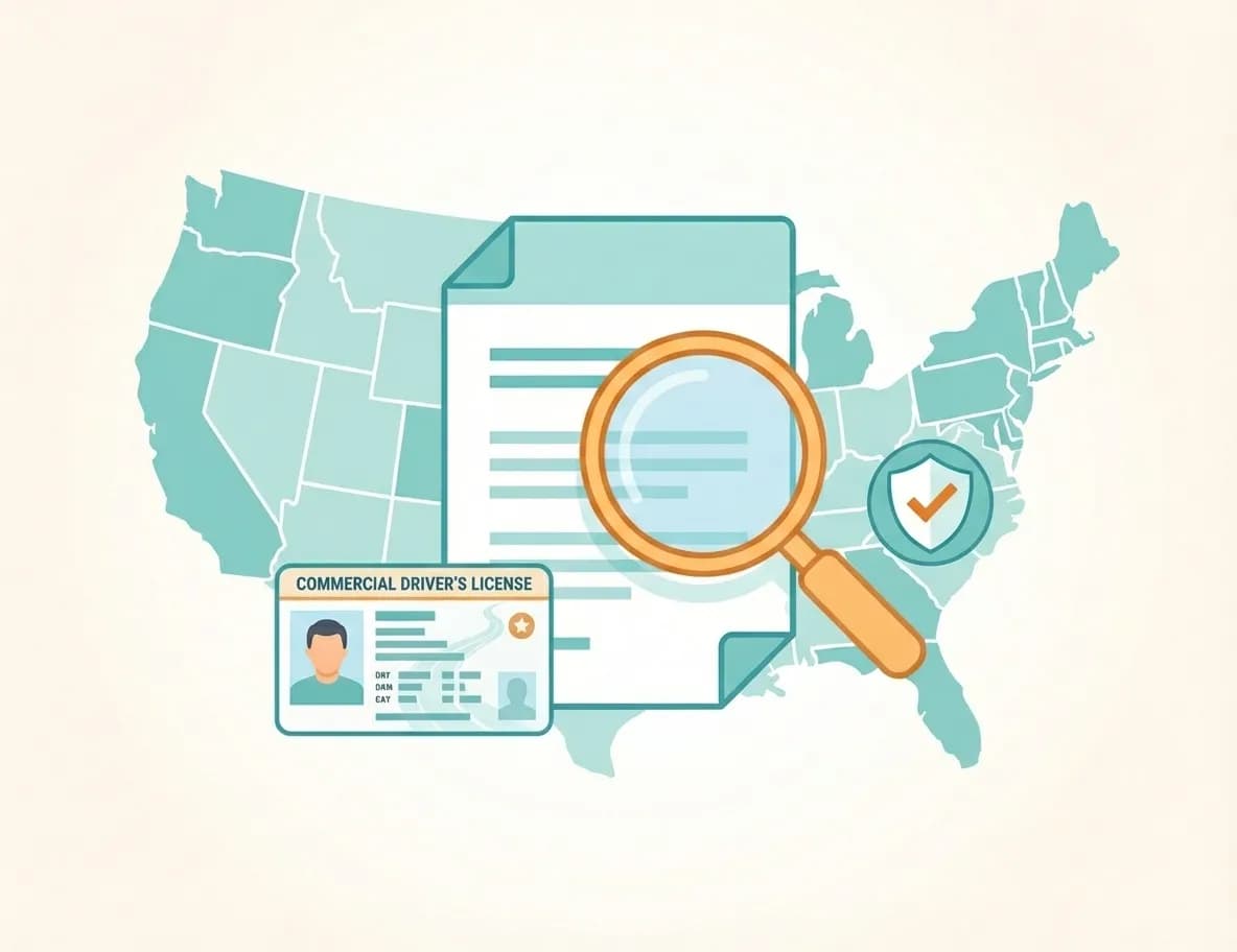 MVR illustration: U.S. map, driver license, magnifying glass, compliance shield