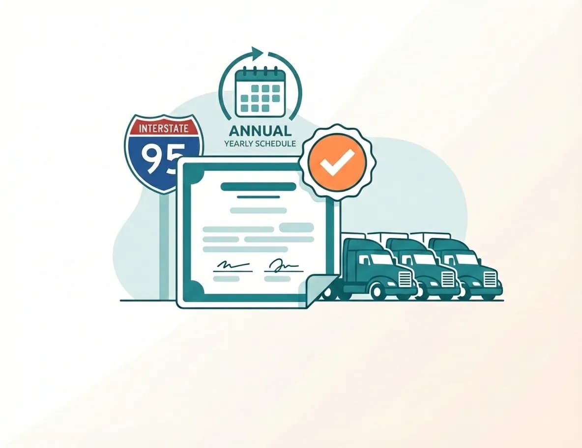 UCR illustration: certificate, calendar, interstate sign, fleet of trucks